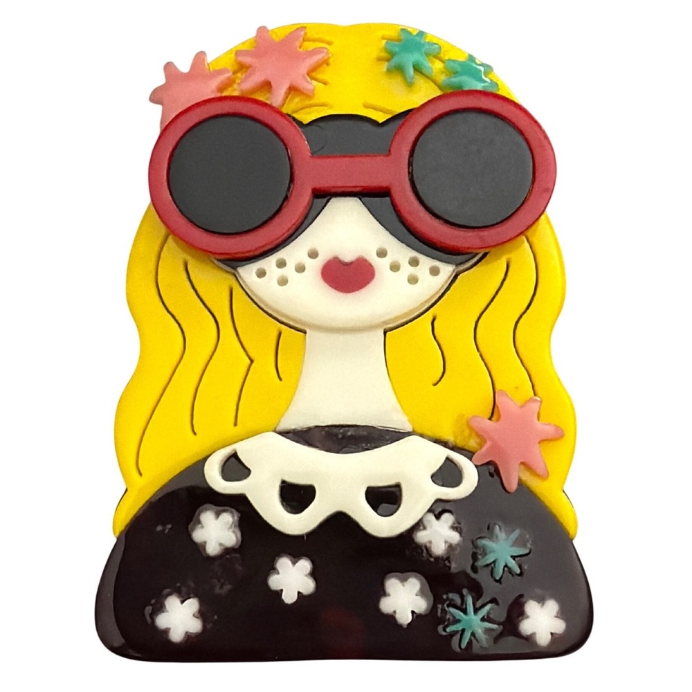 Layered Acrylic Girl Portrait Brooch Kitsch Pop Art MCM Indie Quirky Whimsical